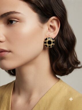 Modern Octagonal Black Enamel Earrings | Gold-Tone Geometric Statement